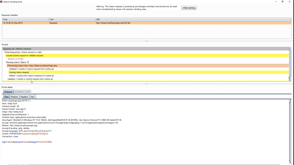 Sessions tracker window